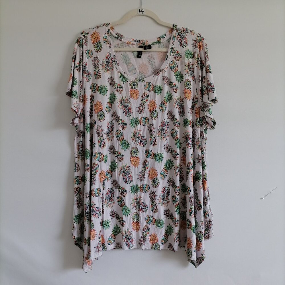 Cynthia Rowley Womens White Pineapple Print Asymmetrical Hem Tunic Top Size 3X